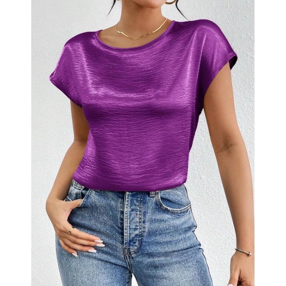 Shiny Purple Satin Blouse Womens Short Sleeve Round Neck Casual Top
